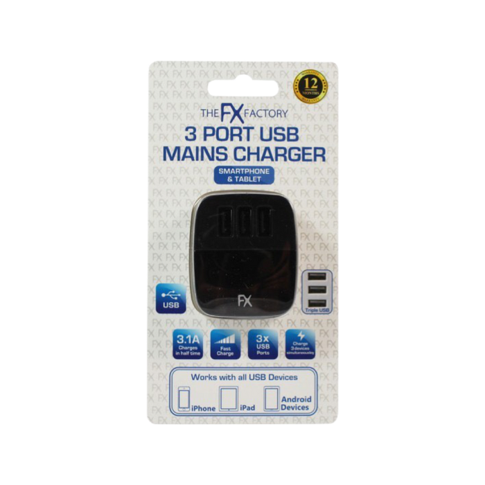 3 Port USB A Charger 3 Pin Plug